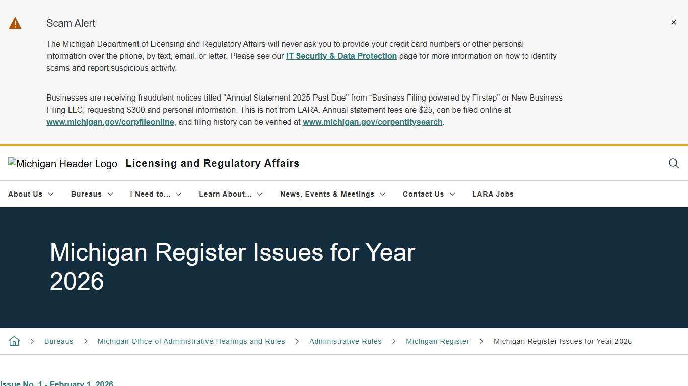 Michigan Register Issues for Year 2026